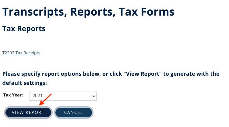 Screenshot of Tax year dropdown and View Report button